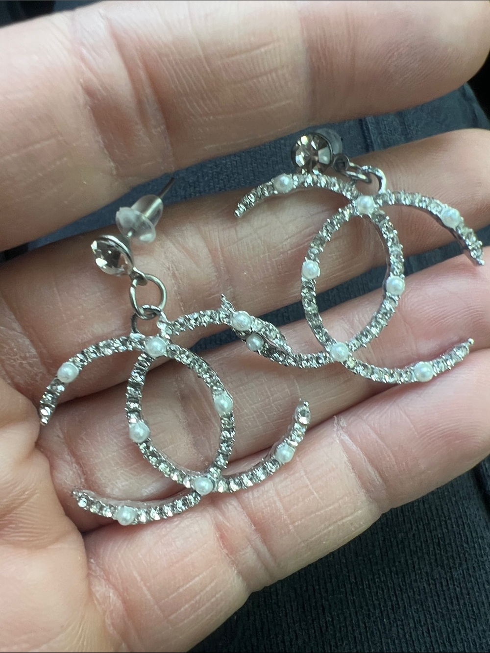 CHANEL Silver-Tone Crystal & Pearl CC Drop Earrings - Picture 5 of 8